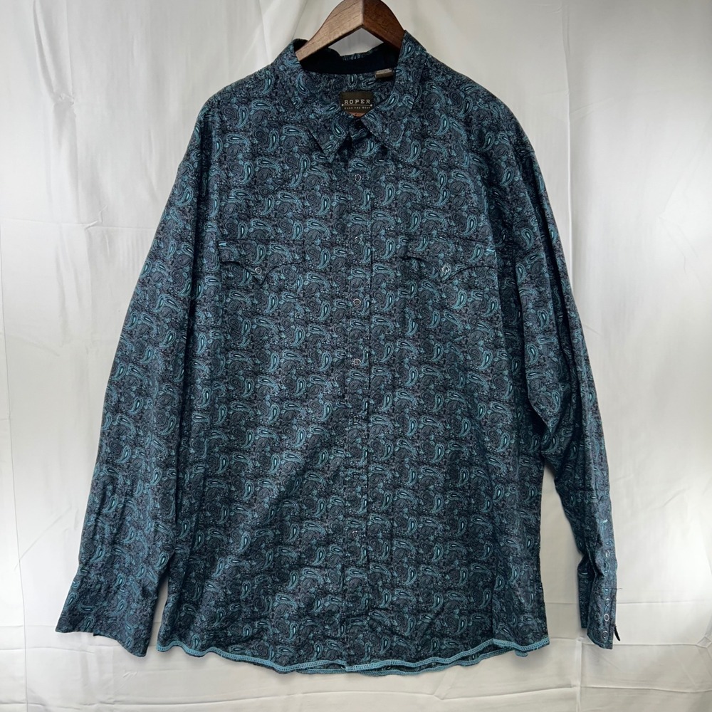 Roper Western Shirt Mens 2XL Blue Black Paisley Long Sleeve Snap Button Down